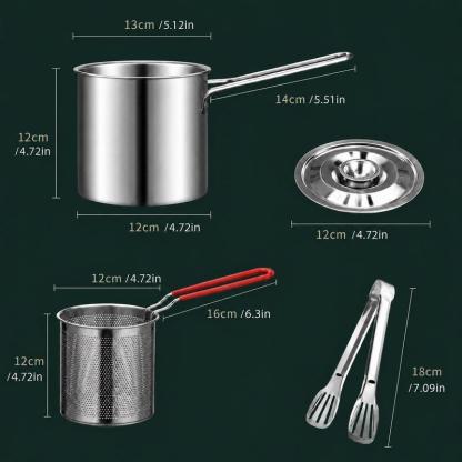 Juego de freidora de acero inoxidable - 5.12*4.72in Mini olla para 1 persona con recipiente para freír, cesta de filtro y pinza para alimentos, utensilios de cocina portátiles resistentes a la corrosión para papas fritas, alitas de pollo y mucho más.