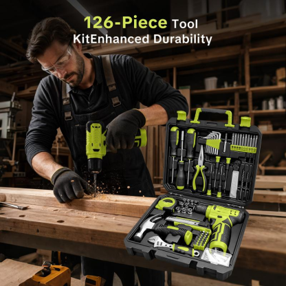 Juego de herramientas de 126 piezas: kit con taladro atornillador inalámbrico de 8 V con estuche de almacenamiento, herramientas eléctricas para bricolaje para trabajos de cercas, decoración del hogar, montaje de muebles y reparaciones cotidianas.