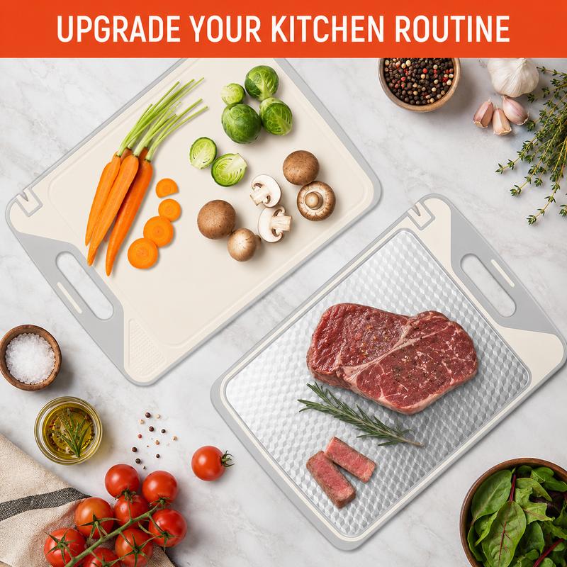 Tabla de cortar de doble cara 2 en 1: acero inoxidable y polipropileno con fibra de trigo, incluye afilador de cuchillos; tabla de cocina duradera y fácil de limpiar para carne, frutas y verduras.