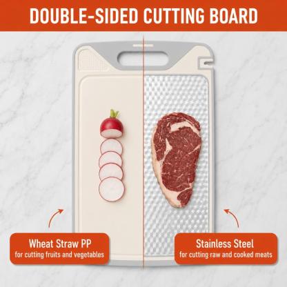 Tabla de cortar de doble cara 2 en 1: acero inoxidable y polipropileno con fibra de trigo, incluye afilador de cuchillos; tabla de cocina duradera y fácil de limpiar para carne, frutas y verduras.