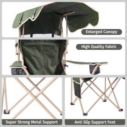 Silla de camping ancha y mejorada con parasol plegable; ideal para playa, acampada, pesca o eventos deportivos al aire libre | Incluye dos portavasos y bolsa de transporte; artículo esencial para acampada.