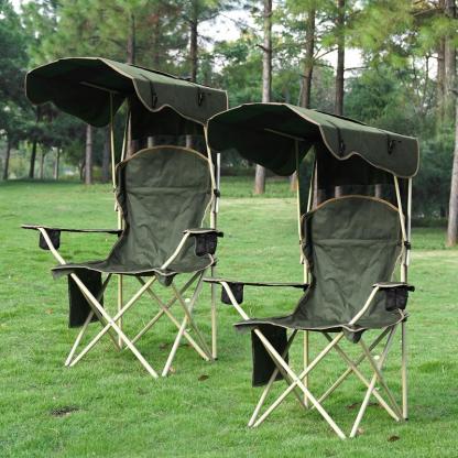 Silla de camping ancha y mejorada con parasol plegable; ideal para playa, acampada, pesca o eventos deportivos al aire libre | Incluye dos portavasos y bolsa de transporte; artículo esencial para acampada.