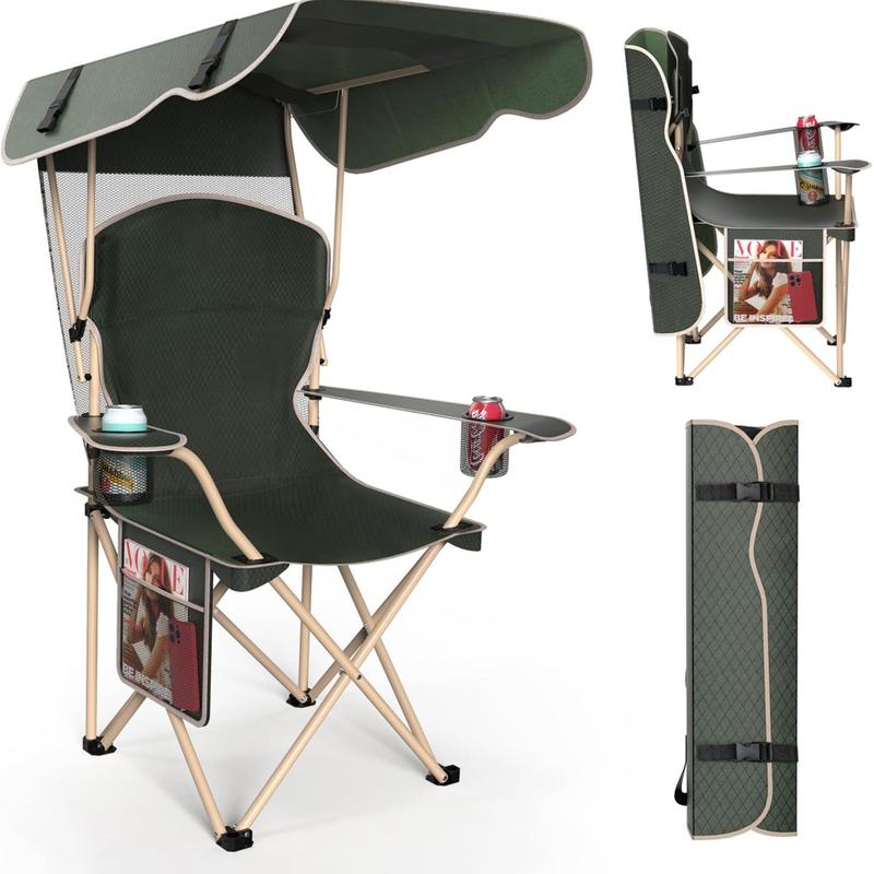 Silla de camping ancha y mejorada con parasol plegable; ideal para playa, acampada, pesca o eventos deportivos al aire libre | Incluye dos portavasos y bolsa de transporte; artículo esencial para acampada.