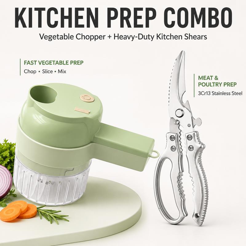 Picadora de alimentos eléctrica portátil 4 en 1: miniprocesador de alimentos con cuchilla de acero inoxidable, accesorio para rebanar, batidor, cepillo de limpieza y empujador de alimentos; herramienta de cocina compacta para preparar ajo, verduras, huevo