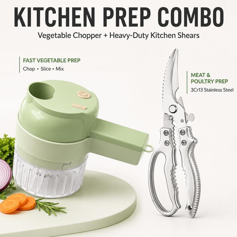 Picadora de alimentos eléctrica portátil 4 en 1: miniprocesador de alimentos con cuchilla de acero inoxidable, accesorio para rebanar, batidor, cepillo de limpieza y empujador de alimentos; herramienta de cocina compacta para preparar ajo, verduras, huevo