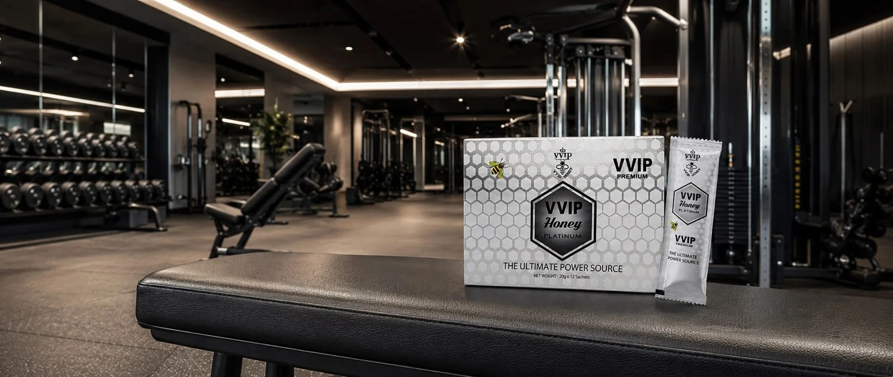 Platinum honey box and sachet in a gym