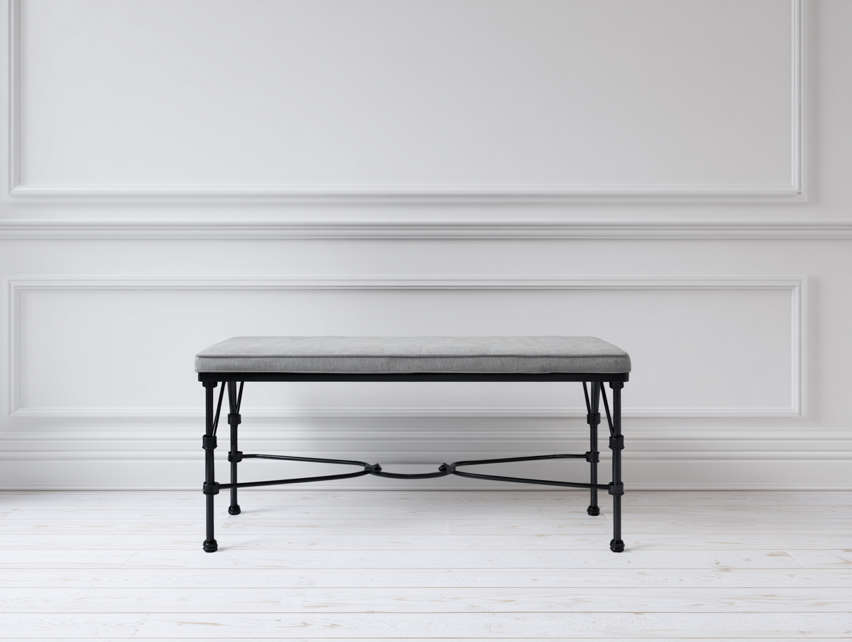 Banco tapizado de hierro 118×38×49 cm - gris claro/negro - para comedor con base decorativa abierta-Pariaconest