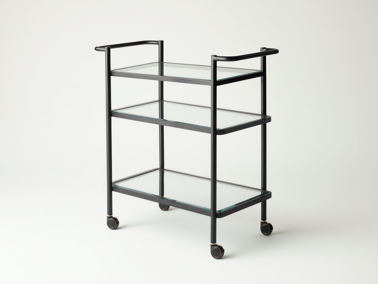 Carrito móvil de metal y cristal 68×42×88 cm - negro/transparente - para comedor con tres baldas y asas curvas-Pariaconest