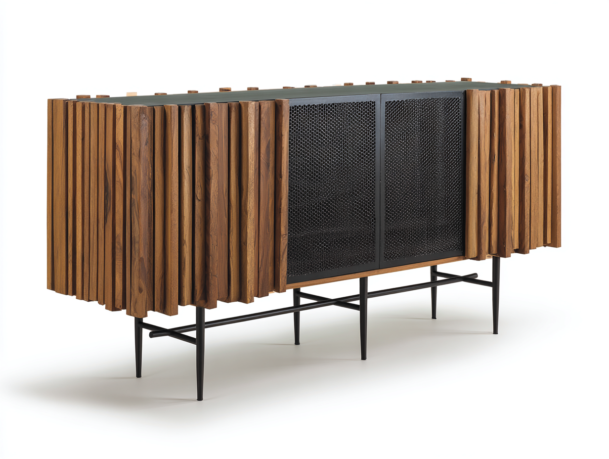 Aparador de madera y metal 190×45×82 cm - nogal/negro - para comedor con frentes de rejilla y listones verticales-Pariaconest