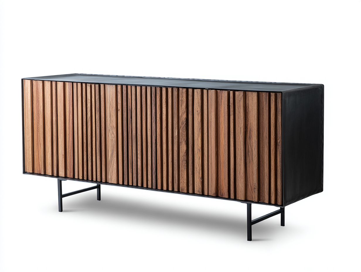 Aparador de madera y metal 195×46×78 cm - nogal/negro - para comedor con frente acanalado y base metálica elevada-Pariaconest