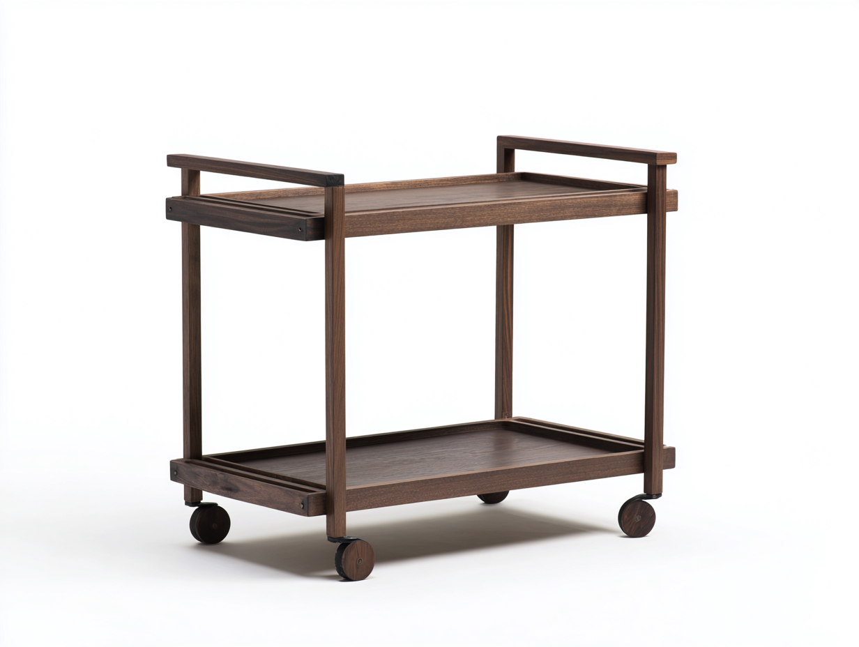 Carrito móvil de madera 82×45×80 cm - nogal oscuro/negro - para comedor con doble bandeja y tiradores elevados-Pariaconest