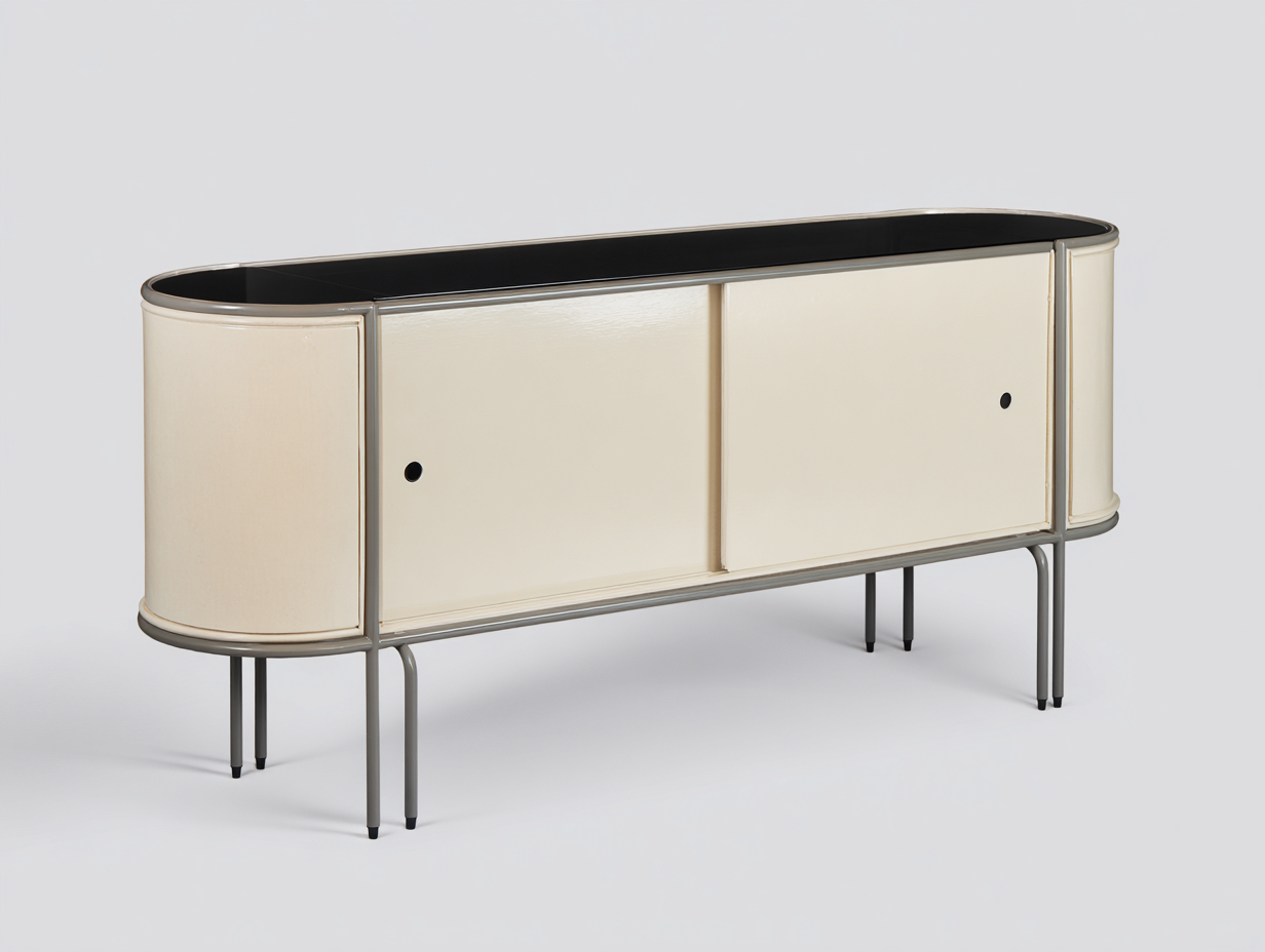 Aparador de metal 185×44×82 cm - crema/plateado - para comedor con extremos curvos y encimera negra-Pariaconest