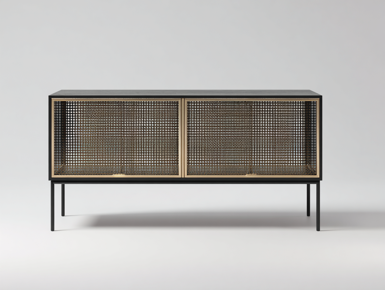 Aparador de metal 180×40×76 cm - negro/dorado - para comedor con dos puertas de rejilla y base elevada-Pariaconest