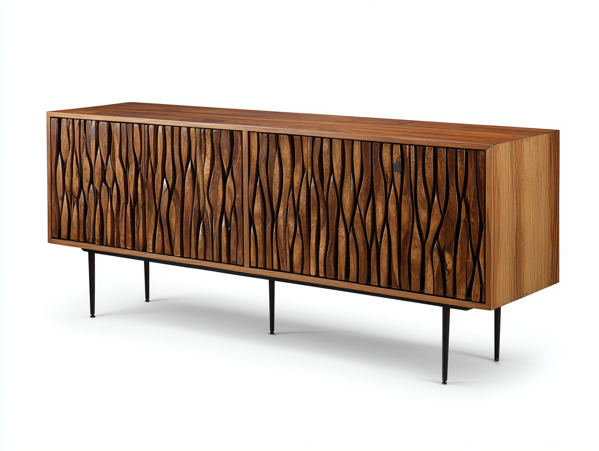 Aparador de madera 202×45×81 cm - nogal oscuro/negro - para comedor con frente tallado ondulado y base metálica elevada-Pariaconest