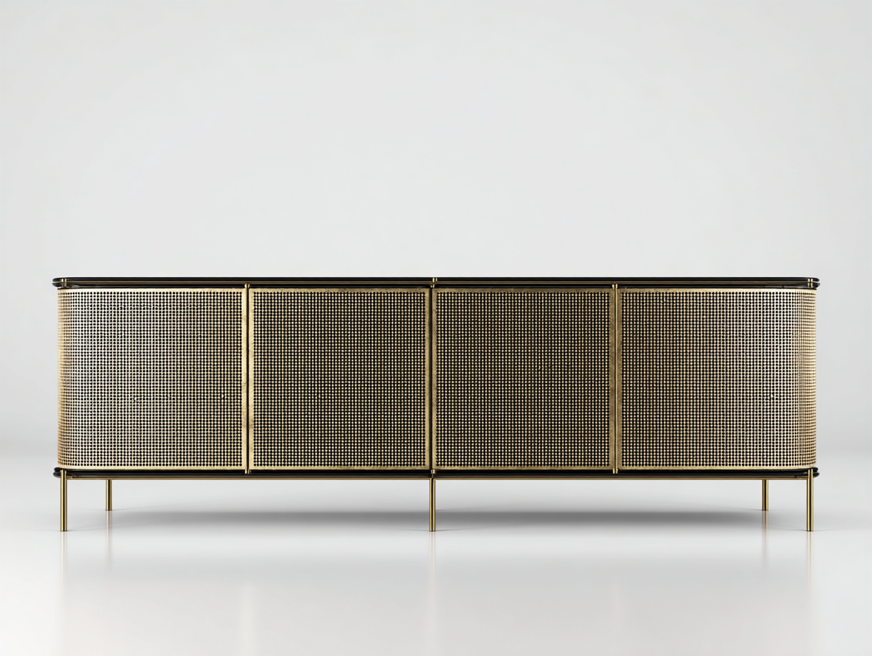 Aparador de metal 200×45×78 cm - negro/dorado - para comedor con cuatro puertas de rejilla y extremos curvos-Pariaconest
