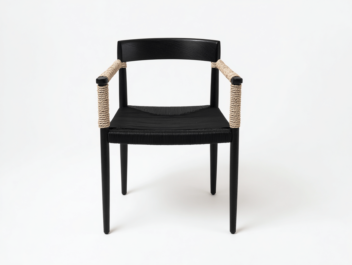 Sillón de comedor de madera y fibra 60×57×81 cm - negro/beige - con asiento tejido y respaldo abierto-Pariaconest