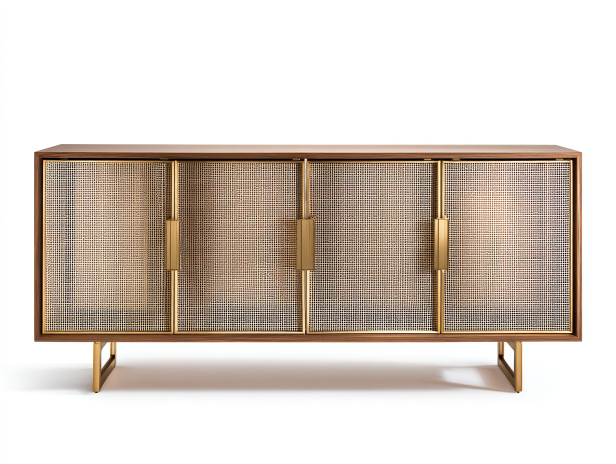 Aparador de madera y metal 200×45×80 cm - nogal/dorado - para comedor con frentes de rejilla y patas elevadas-Pariaconest