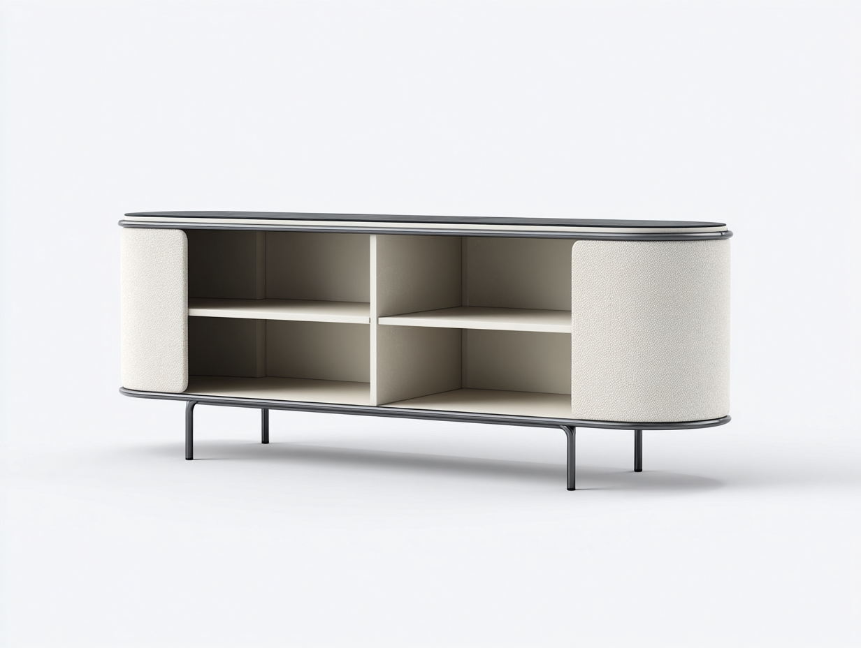 Aparador de madera tejido y metal 180×45×78 cm - gris topo/crema/negro - para comedor con huecos abiertos y extremos curvos-Pariaconest