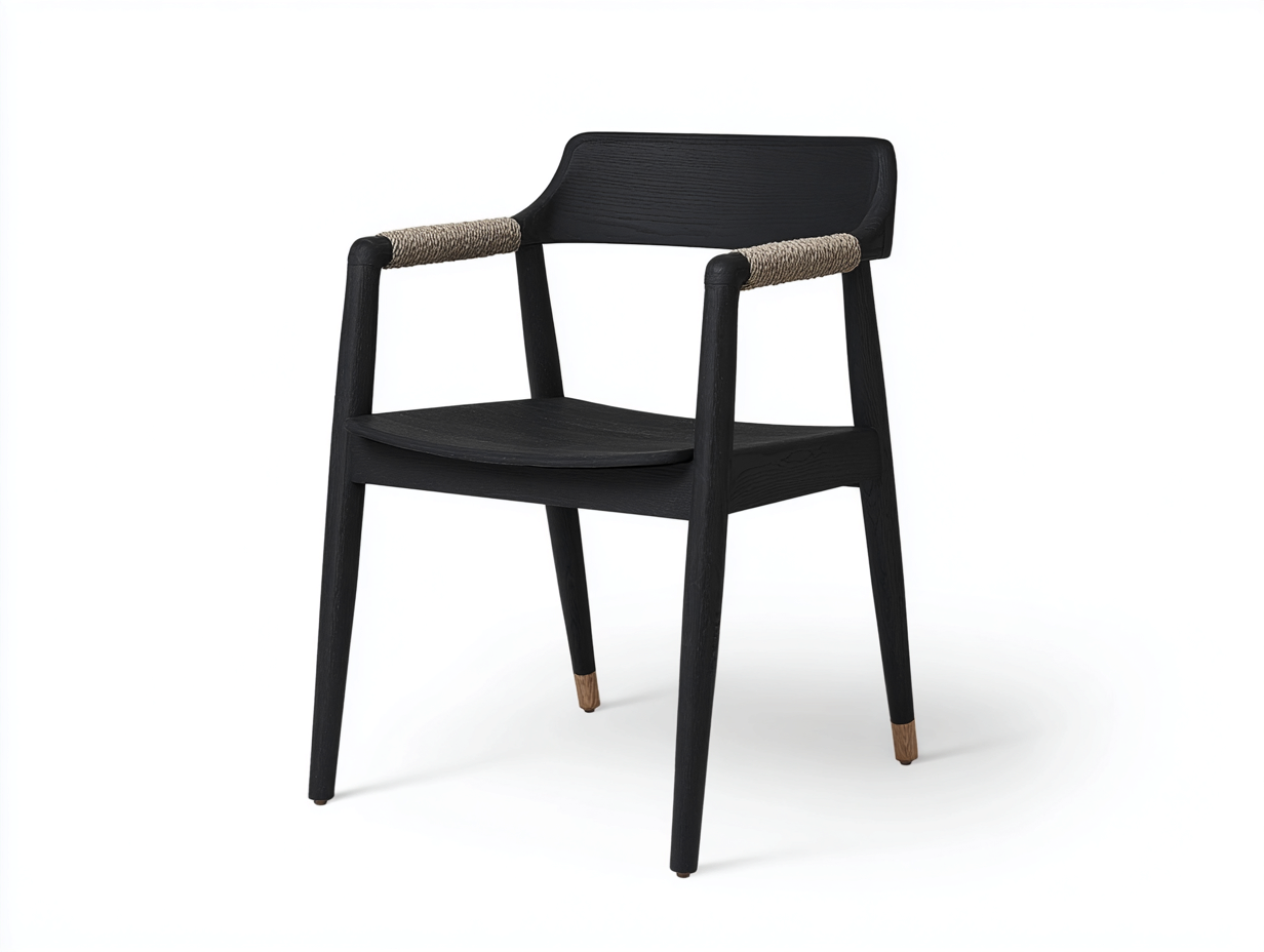 Sillón de comedor de madera 58×56×82 cm - negro/beige - con brazos de cuerda y asiento moldeado-Pariaconest