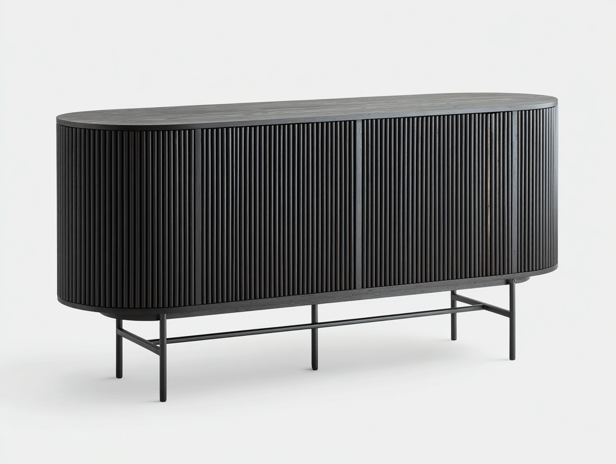 Aparador de madera y metal 188×45×82 cm - negro/gris carbón - para comedor con cuatro puertas acanaladas-Pariaconest