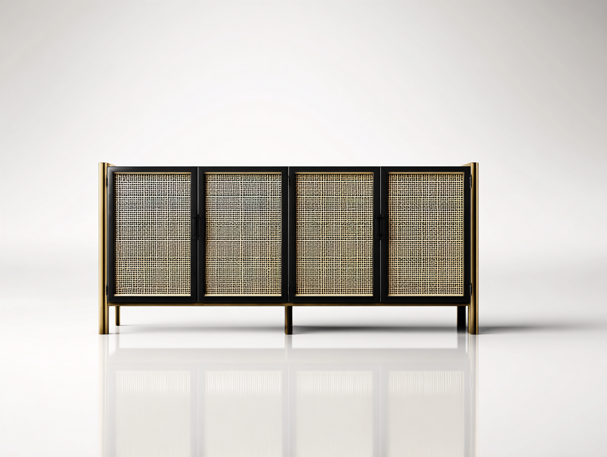 Aparador de metal 190×42×78 cm - negro/dorado - para comedor con cuatro puertas de rejilla y detalles laterales curvos-Pariaconest