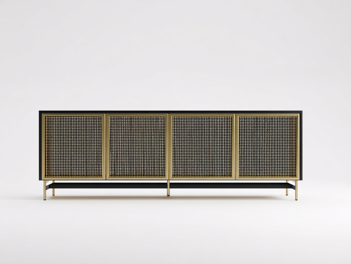 Aparador de metal 190×42×75 cm - negro/dorado - para comedor con cuatro puertas enmarcadas y base elevada-Pariaconest