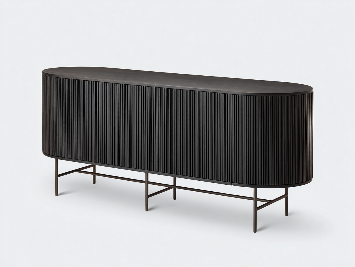 Aparador de madera y metal 198×46×82 cm - negro/marrón oscuro - para comedor con frente estriado y extremos redondeados-Pariaconest