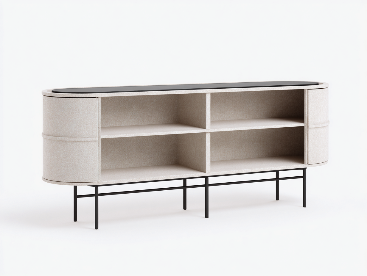 Aparador de madera tejido y metal 190×46×85 cm - beige/negro - para comedor con nichos abiertos y base reforzada-Pariaconest