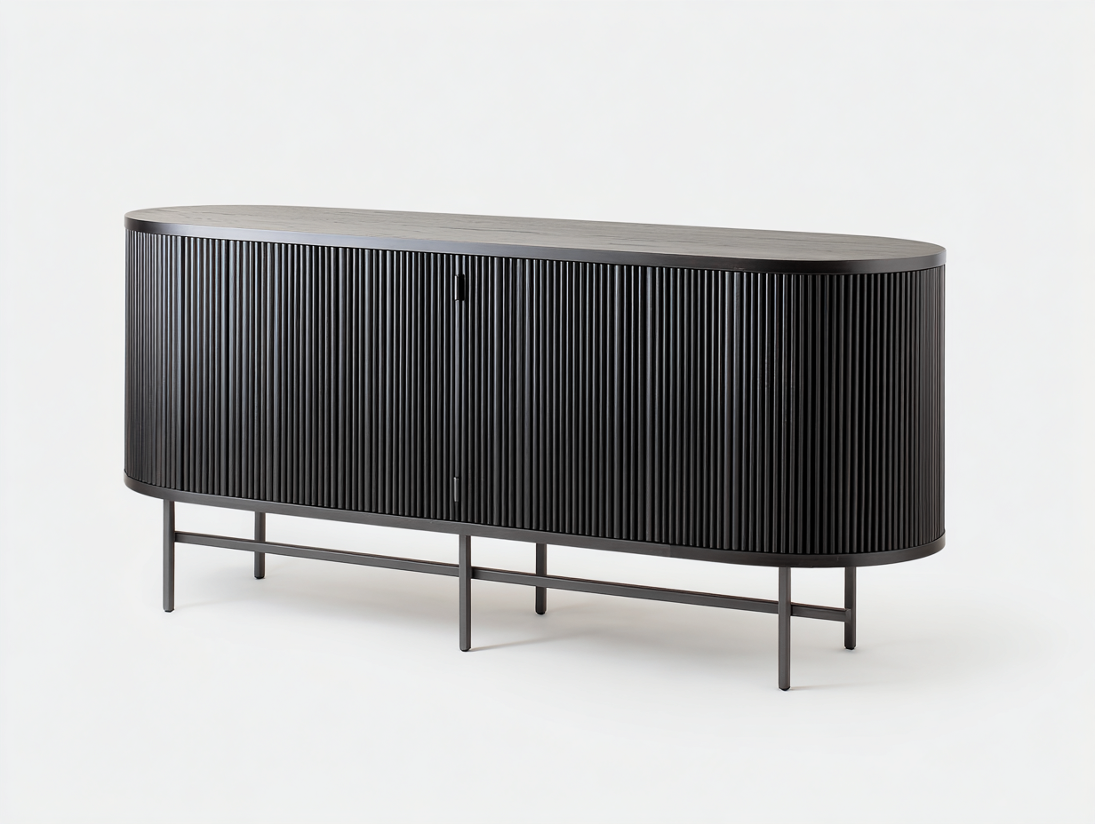 Aparador de madera y metal 200×46×80 cm - negro/gris antracita - para comedor con frente ovalado estriado-Pariaconest