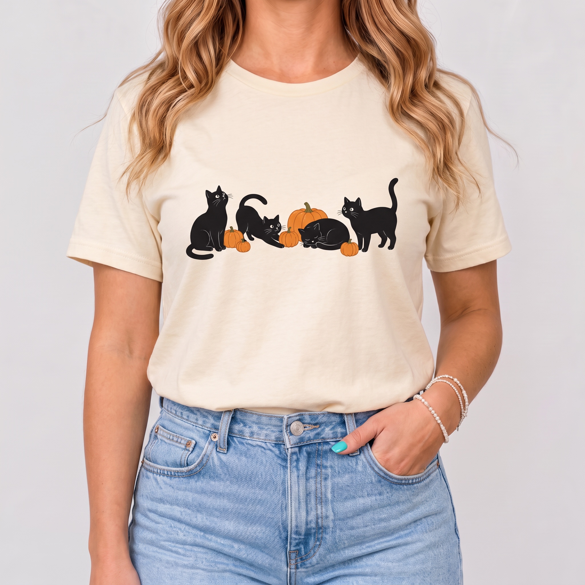 Women's Fall Black Cats and Pumpkins T-Shirt