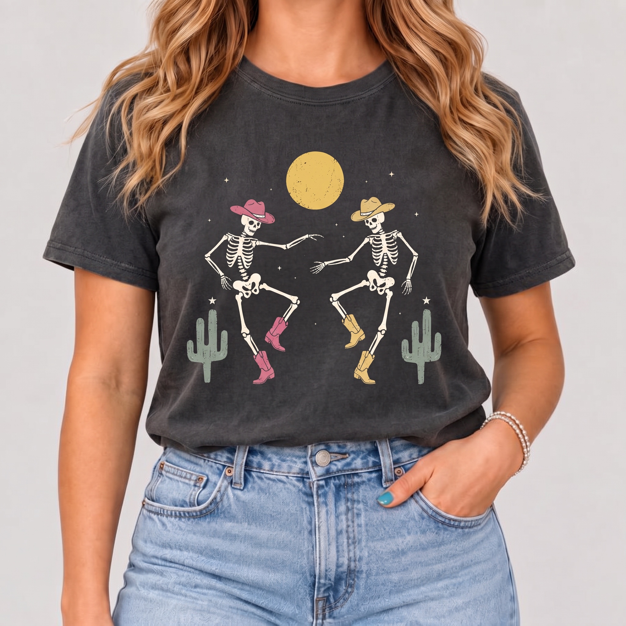 Women's Halloween Dancing Skeleton Cowboys T-Shirt
