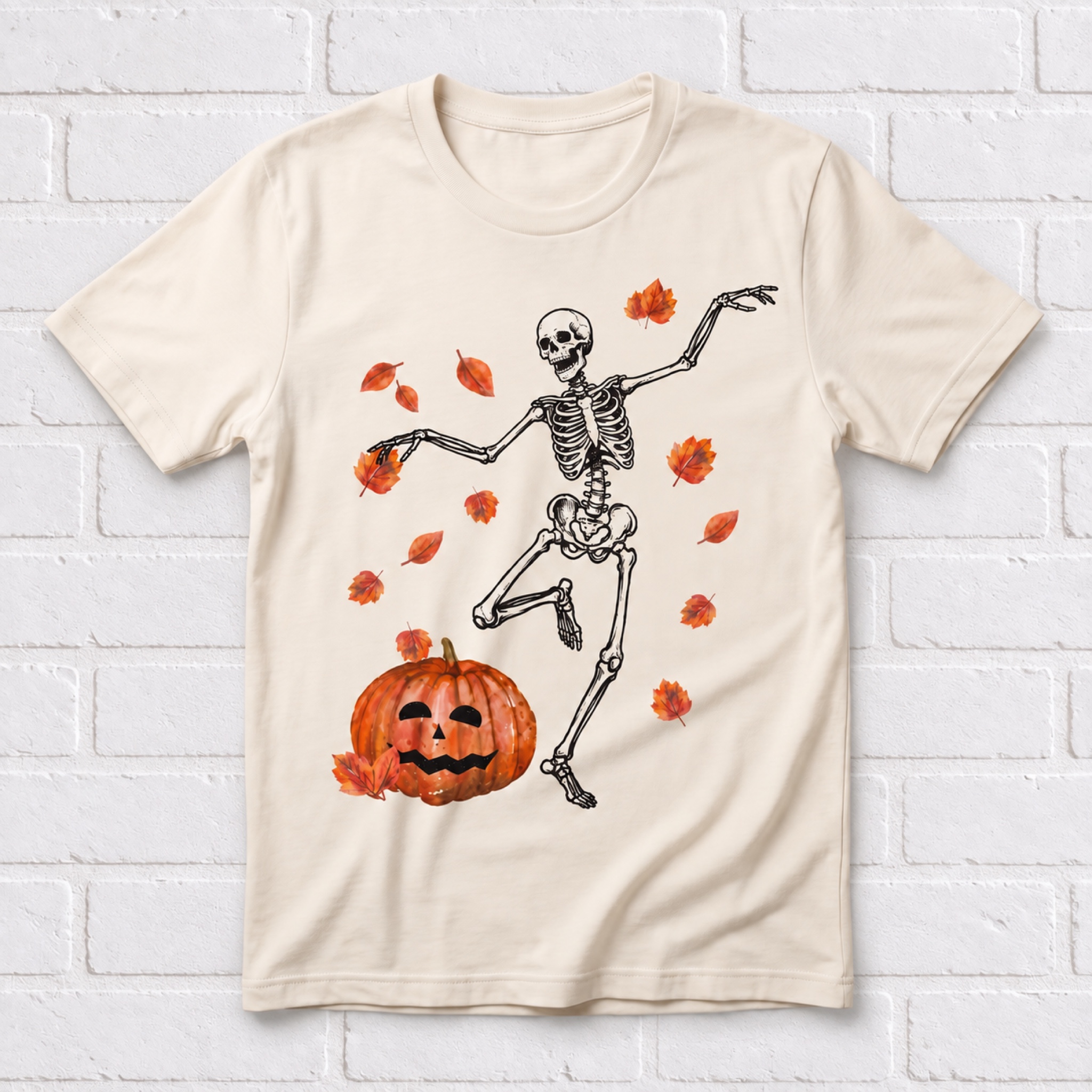 Women's Fall Dancing Skeleton and Pumpkin T-Shirt