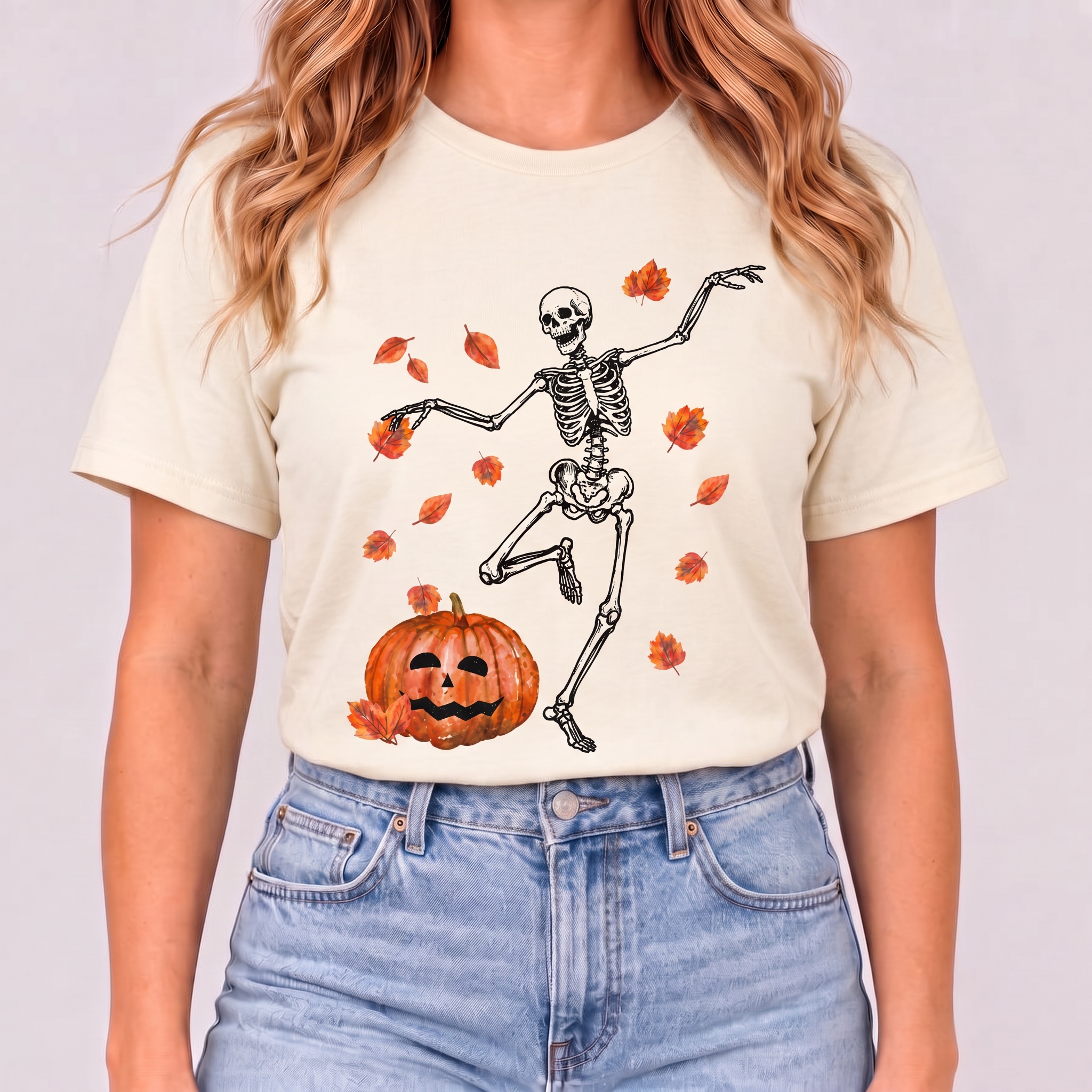 Women's Fall Dancing Skeleton and Pumpkin T-Shirt