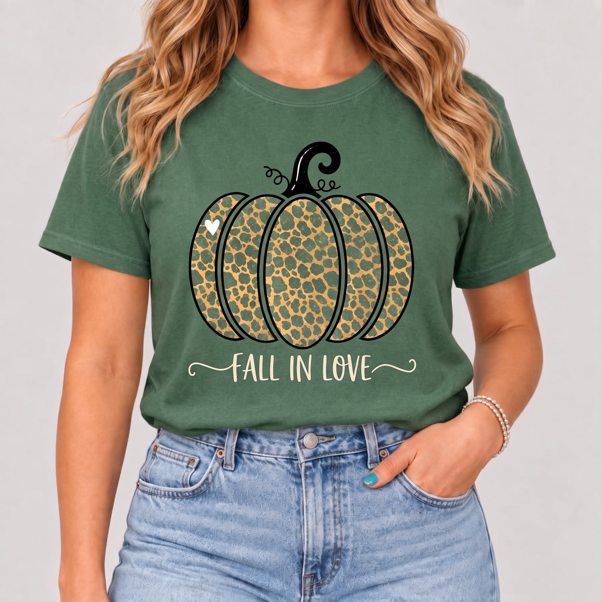 Women's Fall "Fall in Love" Leopard Pumpkin T-Shirt
