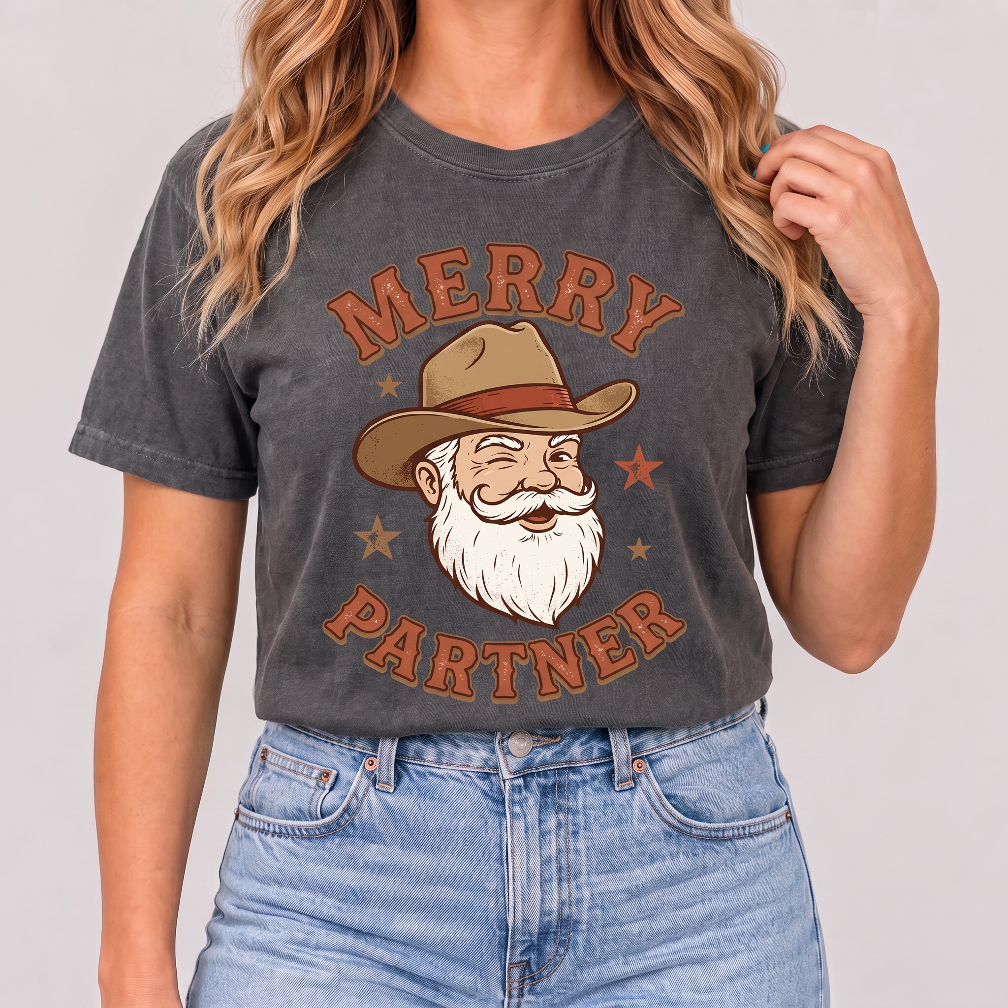 Women's Christmas "Merry Partner" Cowboy Santa T-Shirt