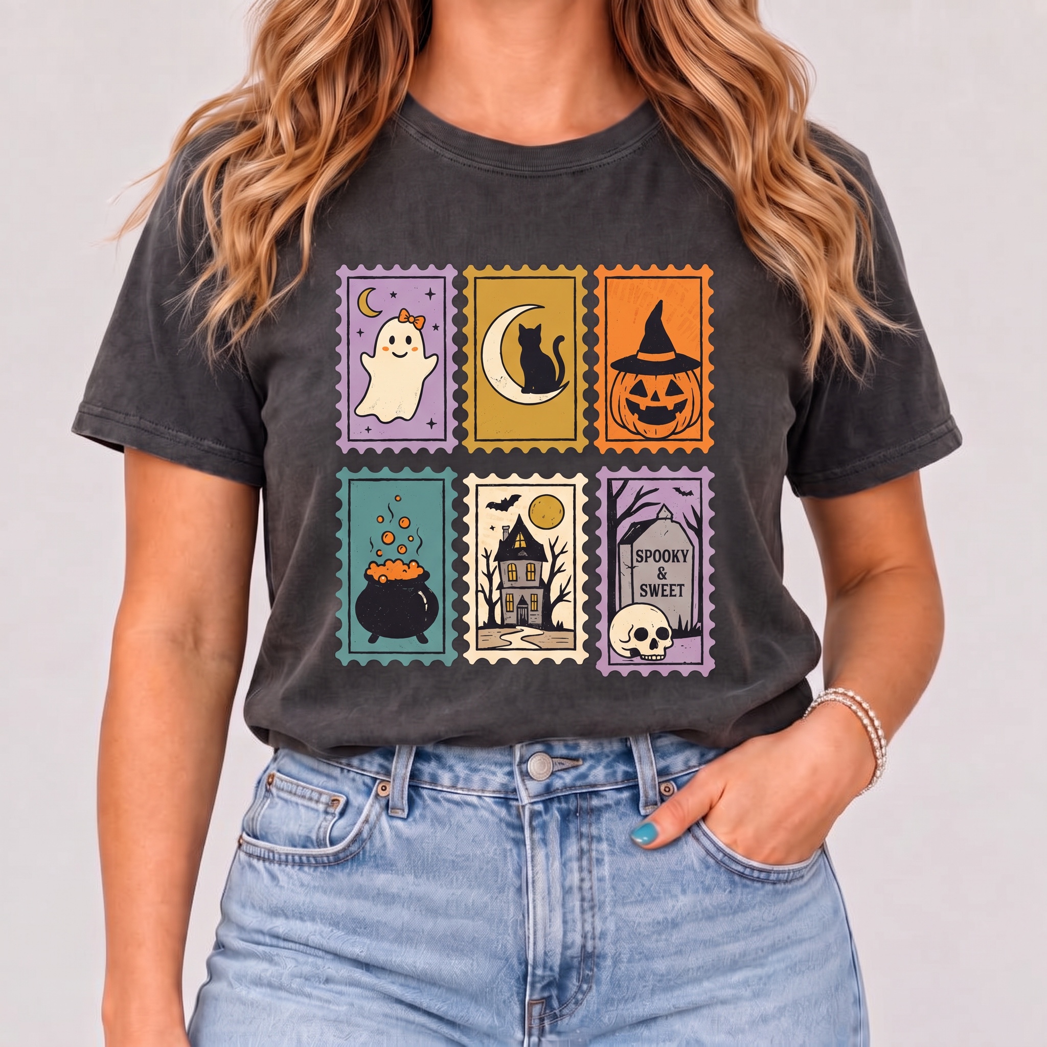 Women's Halloween "Spooky & Sweet" Stamps T-Shirt