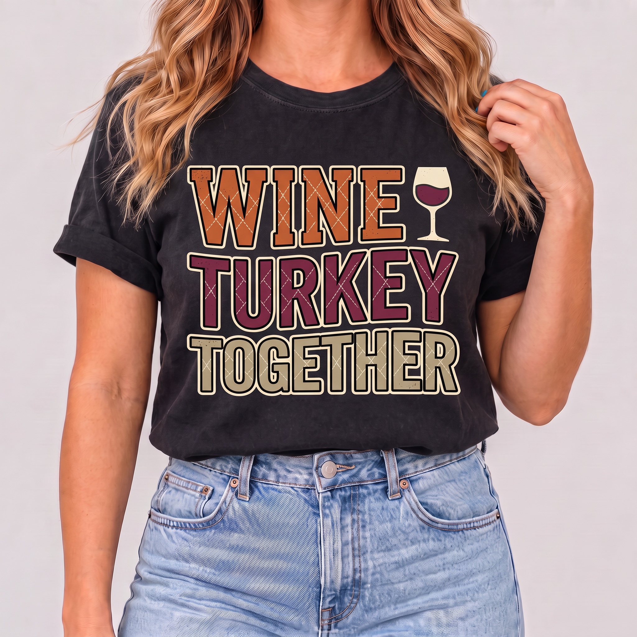 Women's Thanksgiving "Wine, Turkey, Together" T-Shirt