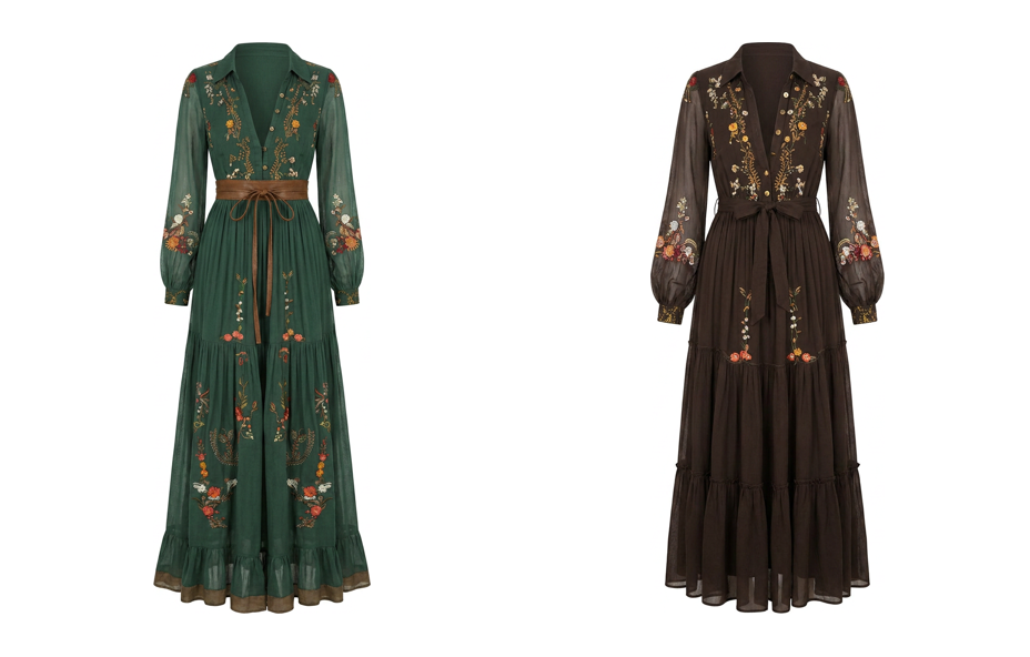Women’s embroidered bohemian maxi dress shown in both available colours, green and dark brown