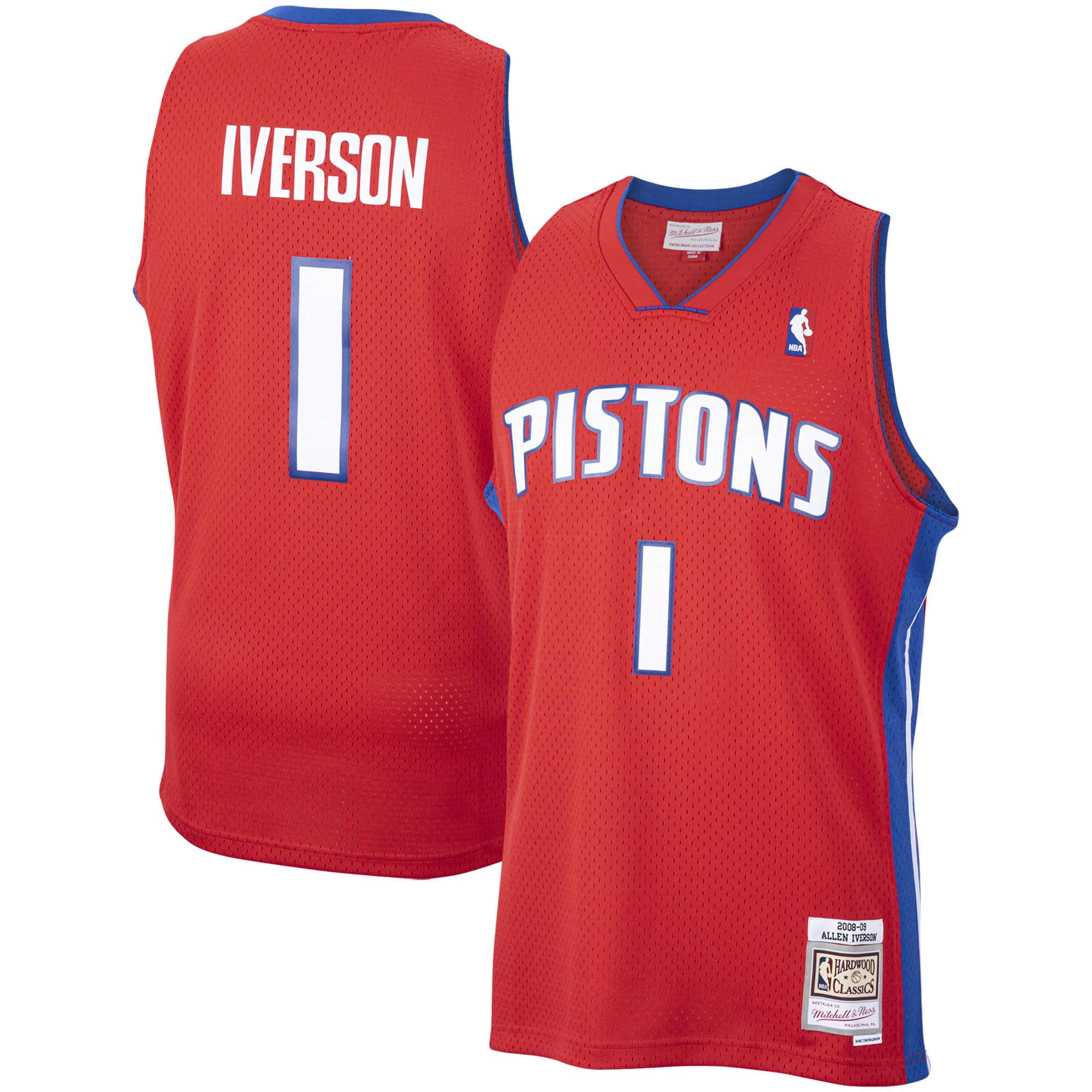 Detroit Pistons Red Swingman jersey, Allen Iverson Hardwood Classics, NBA fan version, size S-XXL