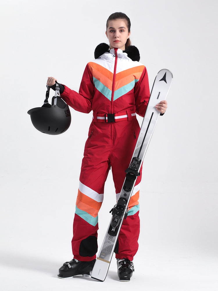 Women's Red Snow-Resistant Ventilated One-Piece Snow Suit