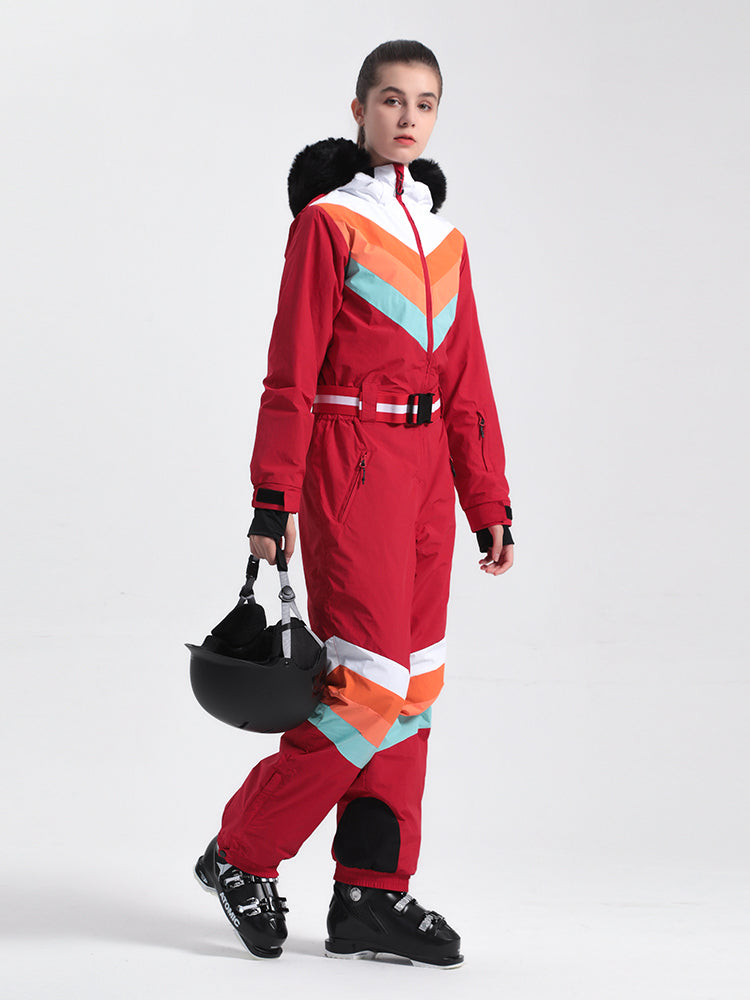 Women's Red Snow-Resistant Ventilated One-Piece Snow Suit