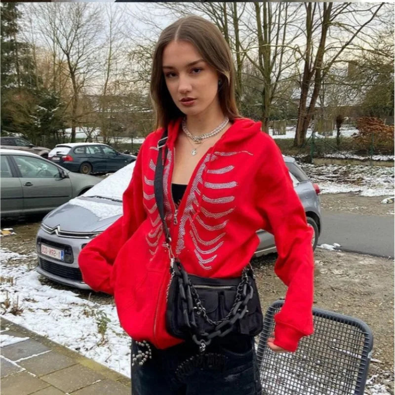 Rhinestone Ribcage Gothic Zip Hoodie