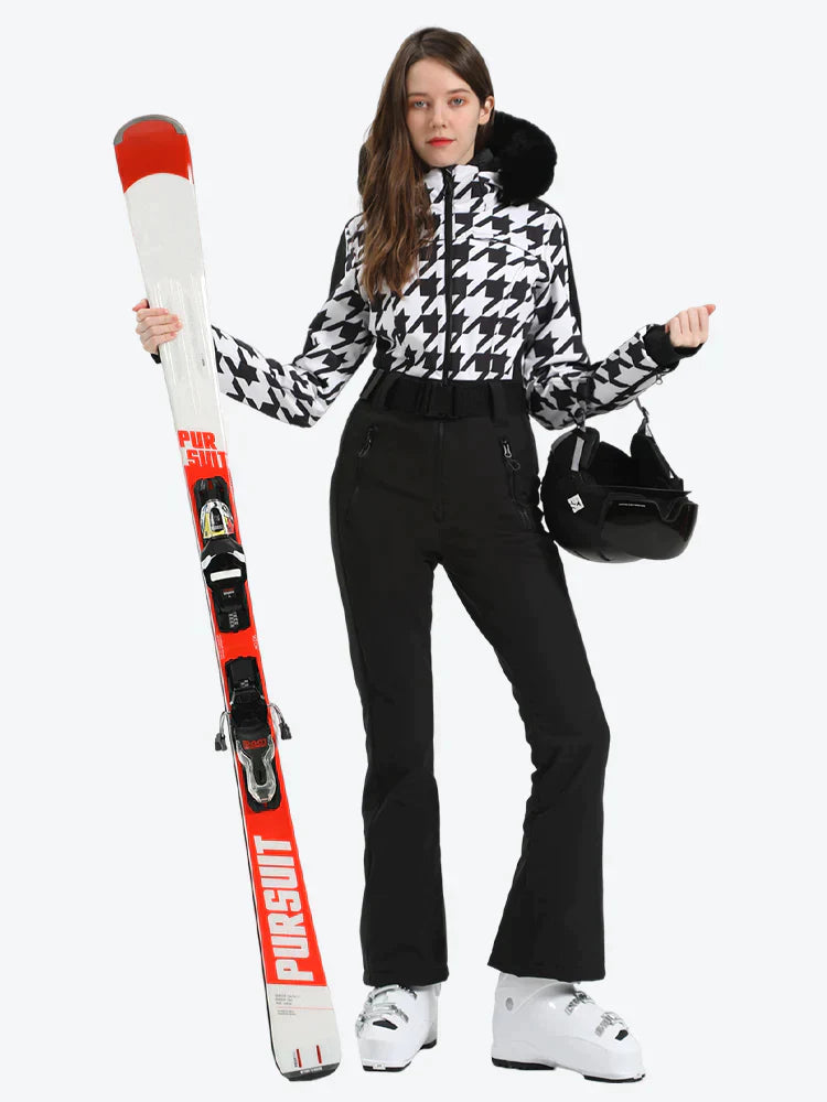 Women's Houndstooth White Faux Fur Hood One-Piece Down Ski Suit