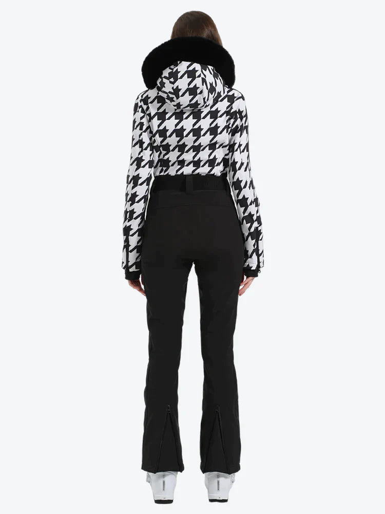 Women's Houndstooth White Faux Fur Hood One-Piece Down Ski Suit