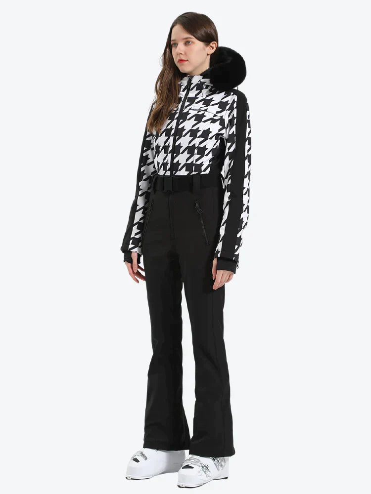 Women's Houndstooth White Faux Fur Hood One-Piece Down Ski Suit