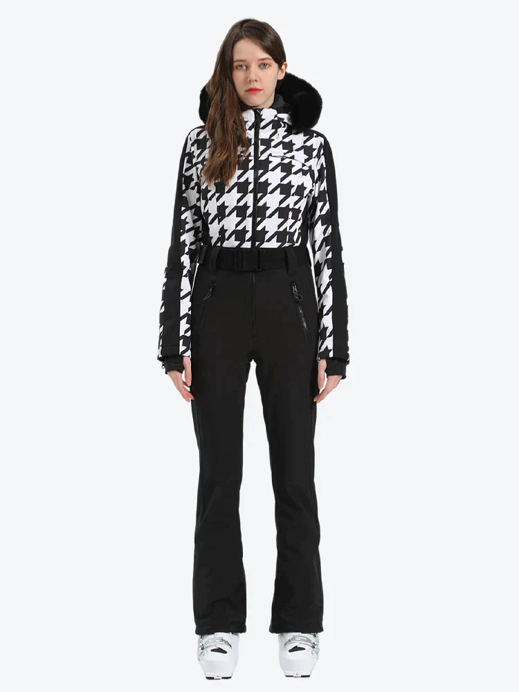 Women's Houndstooth White Faux Fur Hood One-Piece Down Ski Suit