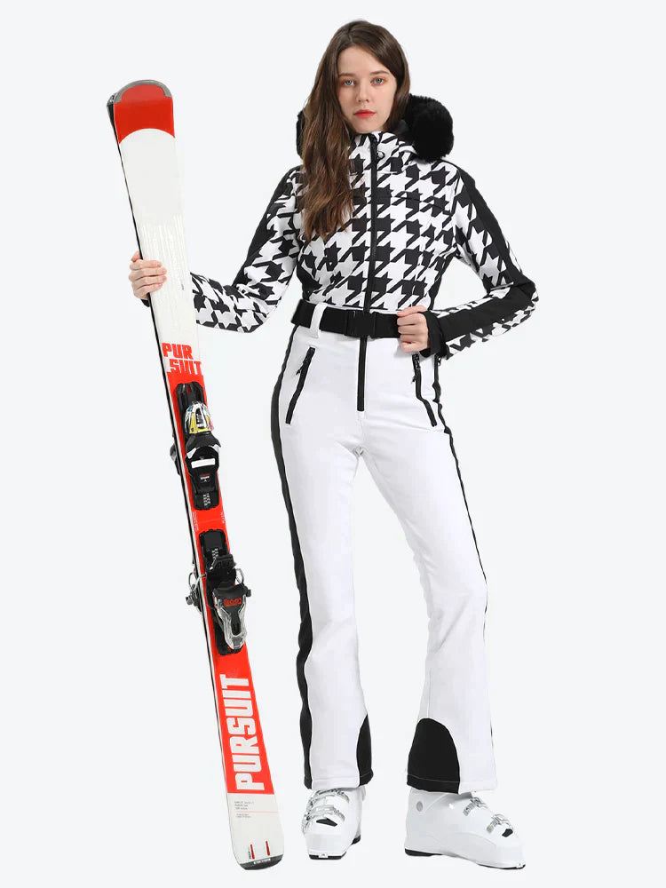 Women's Houndstooth White Faux Fur Hood One-Piece Down Ski Suit