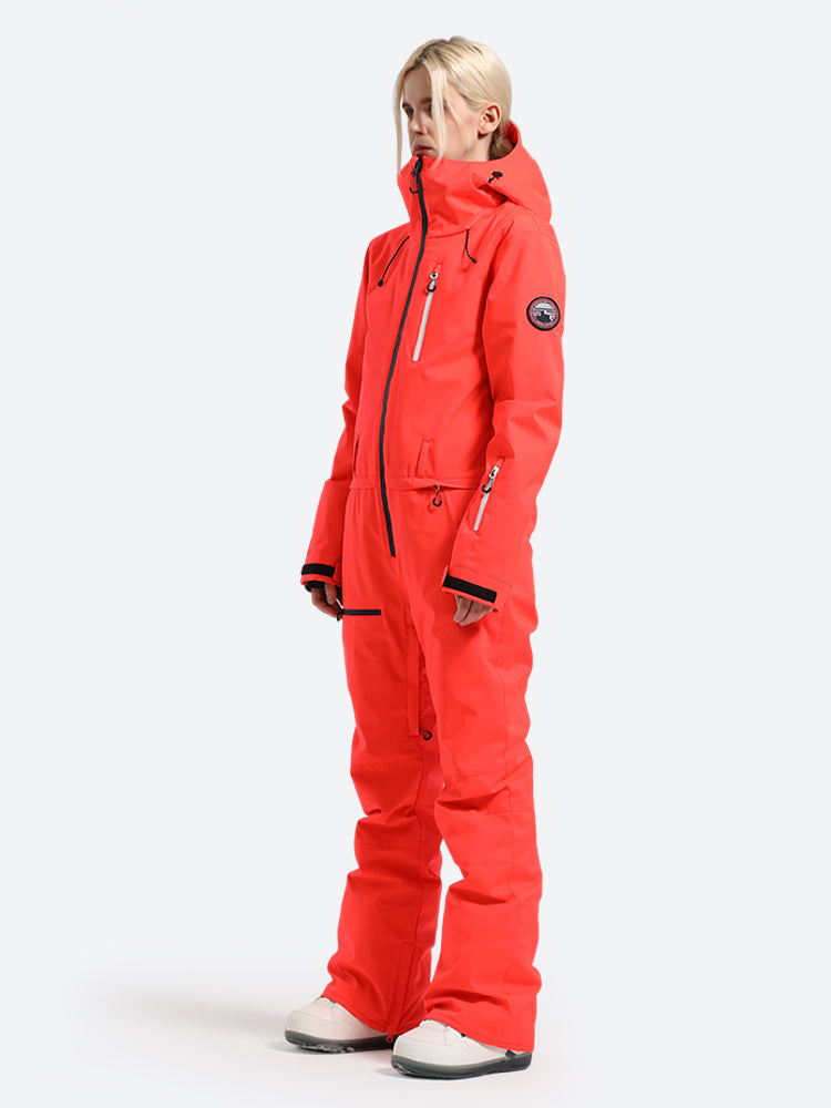 Women's Neon Red Waterproof-breathable One-Piece Ski Suits