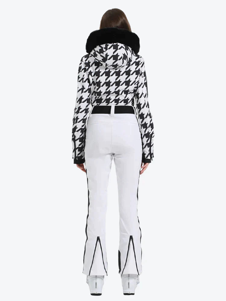 Women's Houndstooth White Faux Fur Hood One-Piece Down Ski Suit