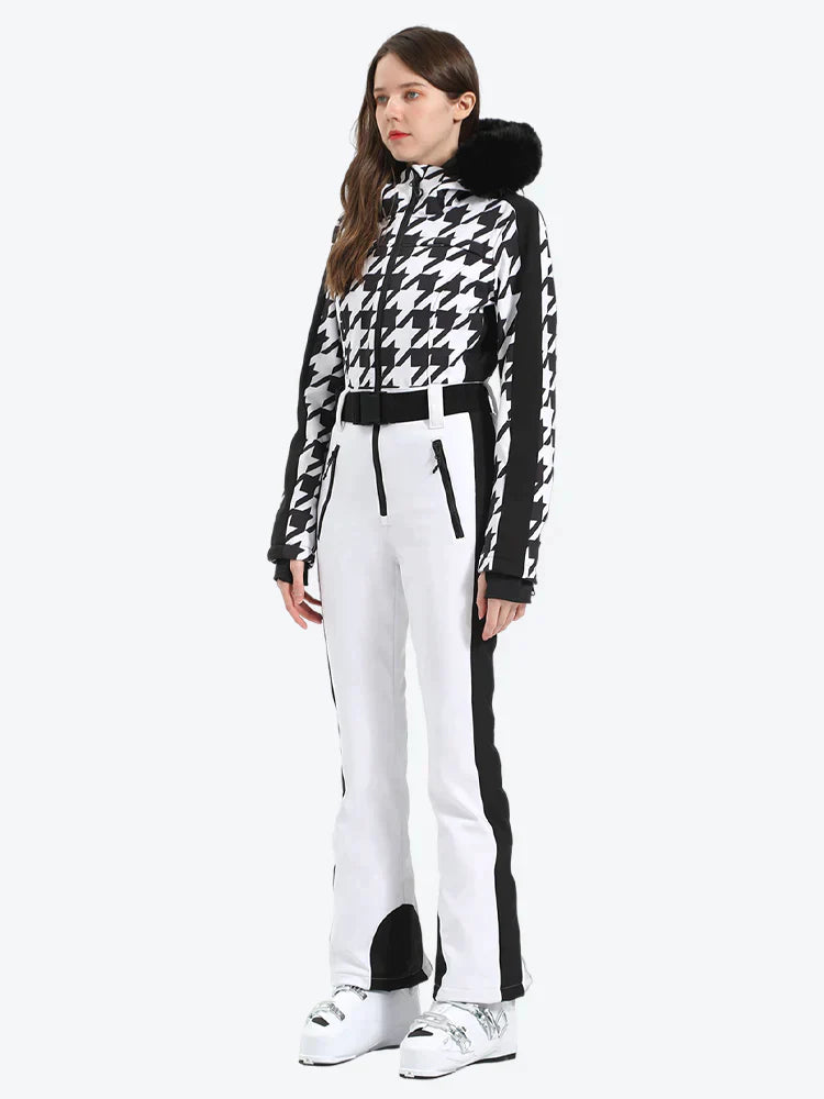 Women's Houndstooth White Faux Fur Hood One-Piece Down Ski Suit